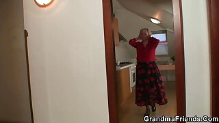 Very old blonde granny pleases two workers